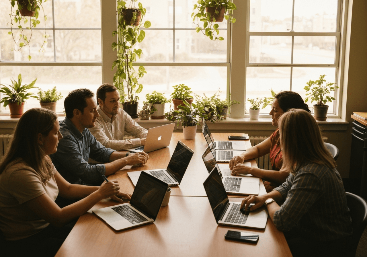 Small group of adult learners around a wooden table with laptops in a sunlit classroom